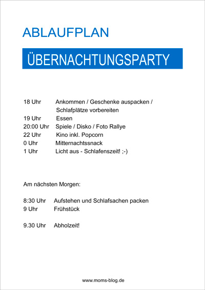 Ablauf Programm Teenager Uebernachtungsparty